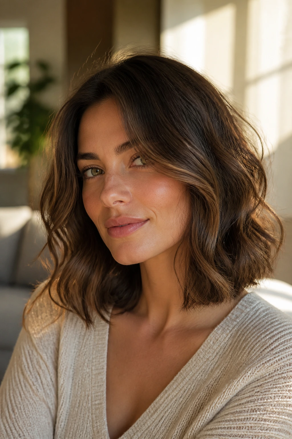 Close-up portrait of a real woman with a wavy lob and hidden layers in warm window light