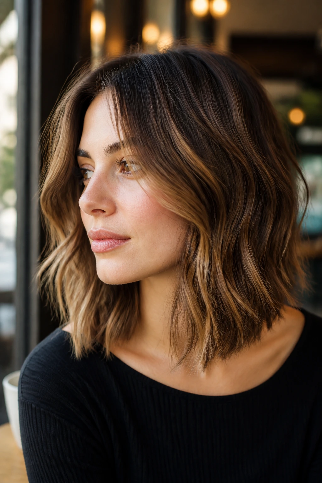 Close-up portrait of a woman with a wavy lob and razored ends.
