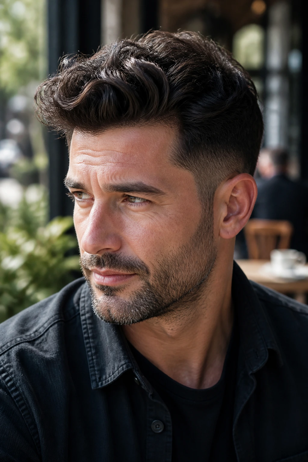 Portrait of a real man with a wavy quiff and fade outdoors