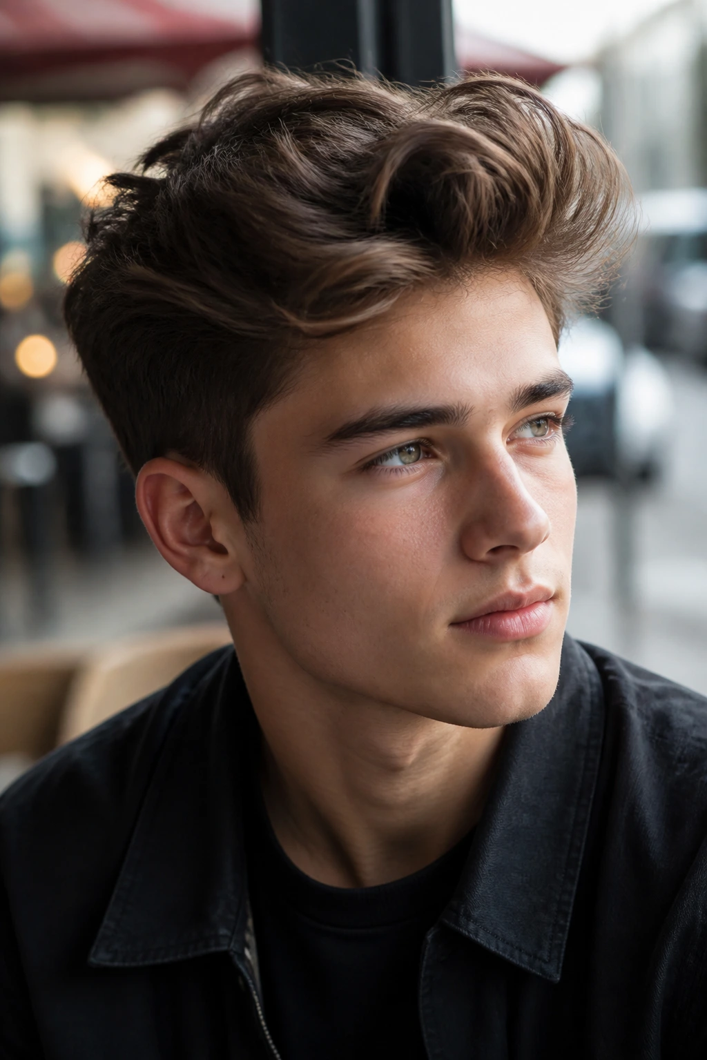 Close-up of a teen with a voluminous wavy quiff and lifted front.