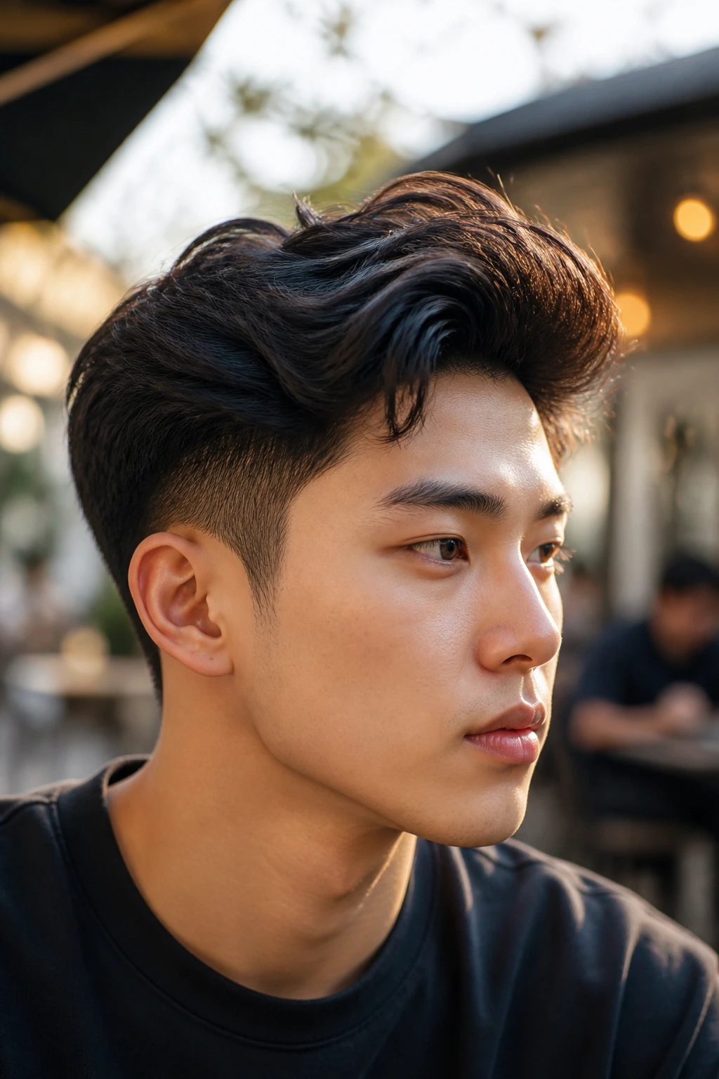 Portrait of a real person with a wavy quiff and tapered sides