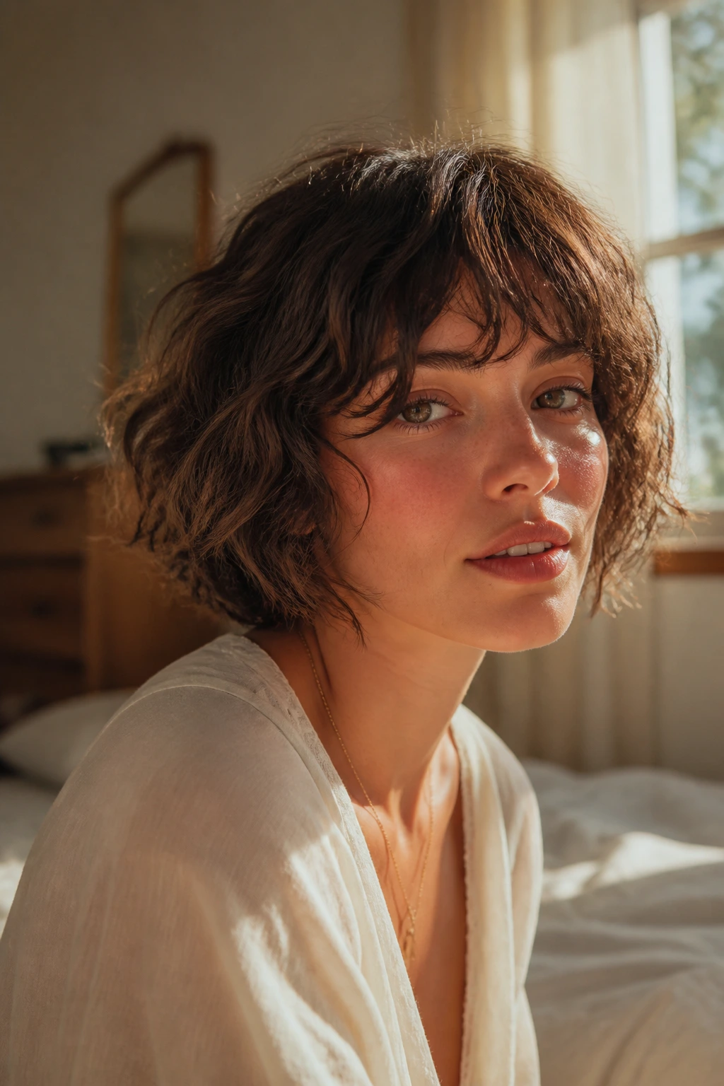 Close-up of a real woman with a chin-length wavy shag in warm window light.