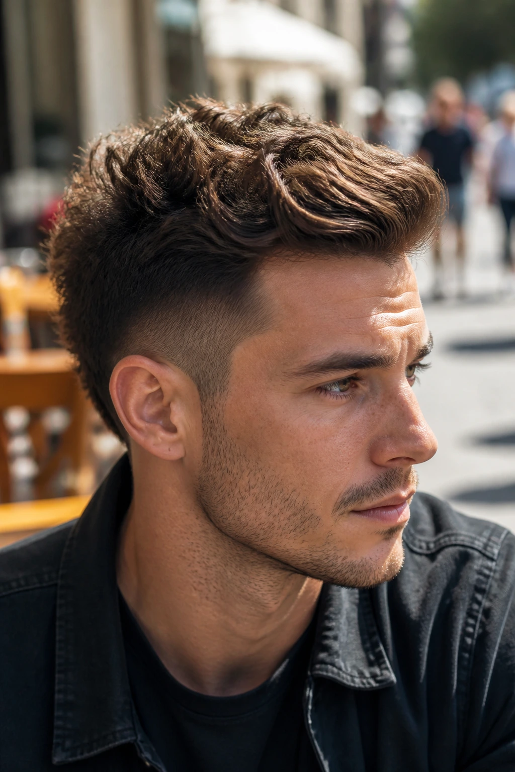 Close-up portrait of a man with a wavy-textured fohawk in a sunny cafe setting.