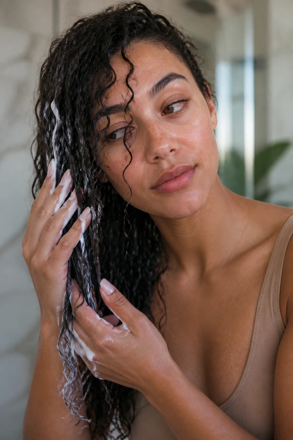 Close-up of a real person applying leave-in conditioner to soaking wet curls in a bathroom