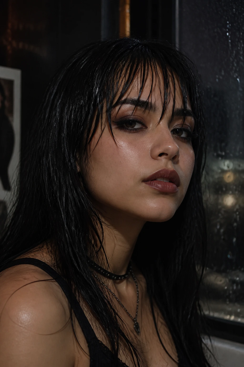 Latina woman with wispy bangs and wet-look finish in moody setting