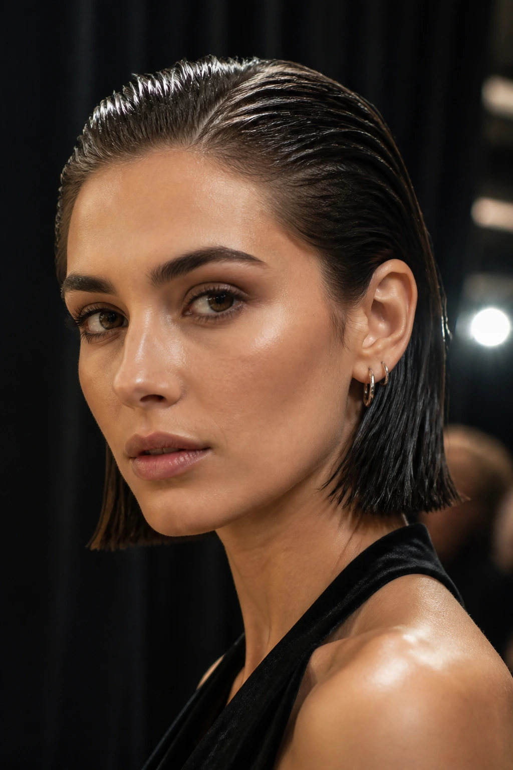 Close-up portrait of a real woman with wet-look chin-length A-line in backstage lighting