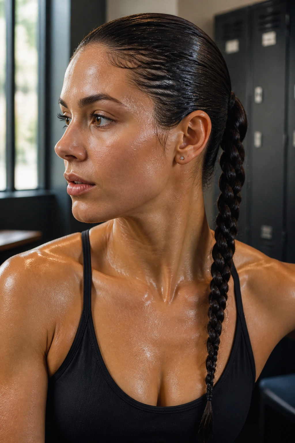 Close-up of a real person with a glossy wet-look braid secured with gel during a workout