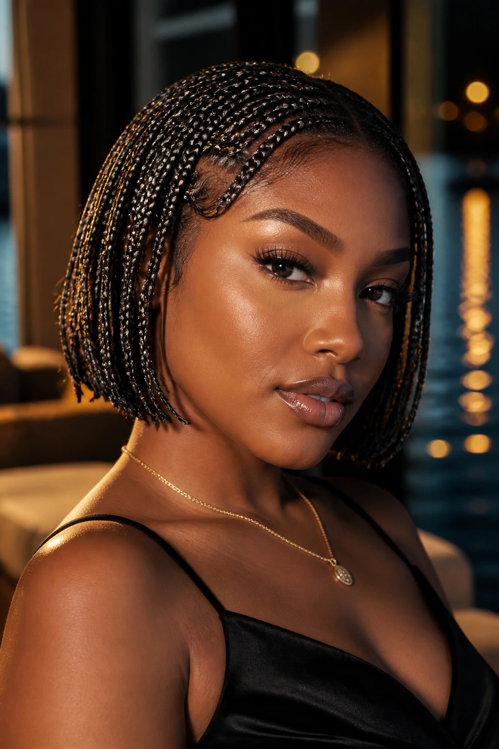Close-up of a real woman with a wet-look braided bob in a chic lounge setting.