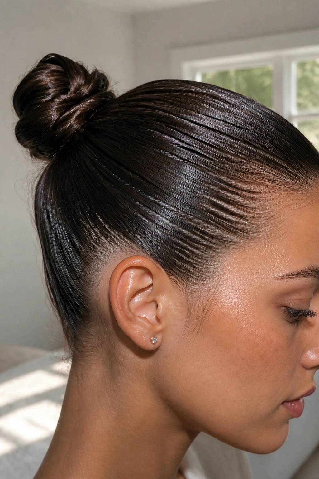 Real person with a sleek, wet-look bun in natural light
