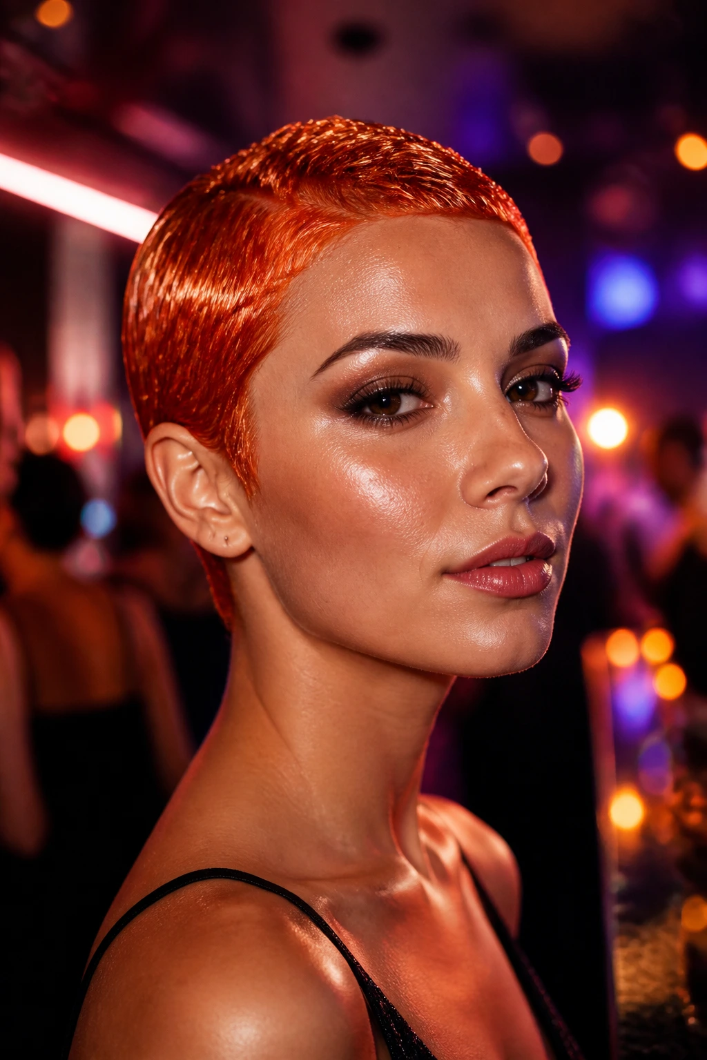 Close-up of a real woman with a glossy wet-look copper pixie under club lights