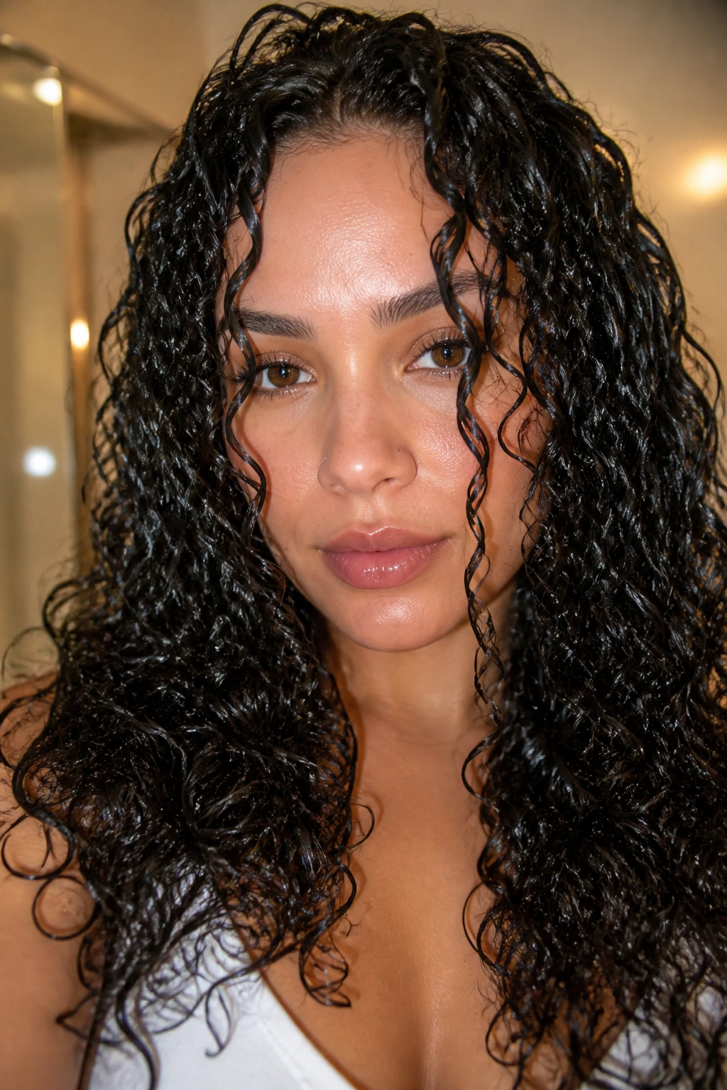Close-up portrait of a real person with glossy wet-look curls