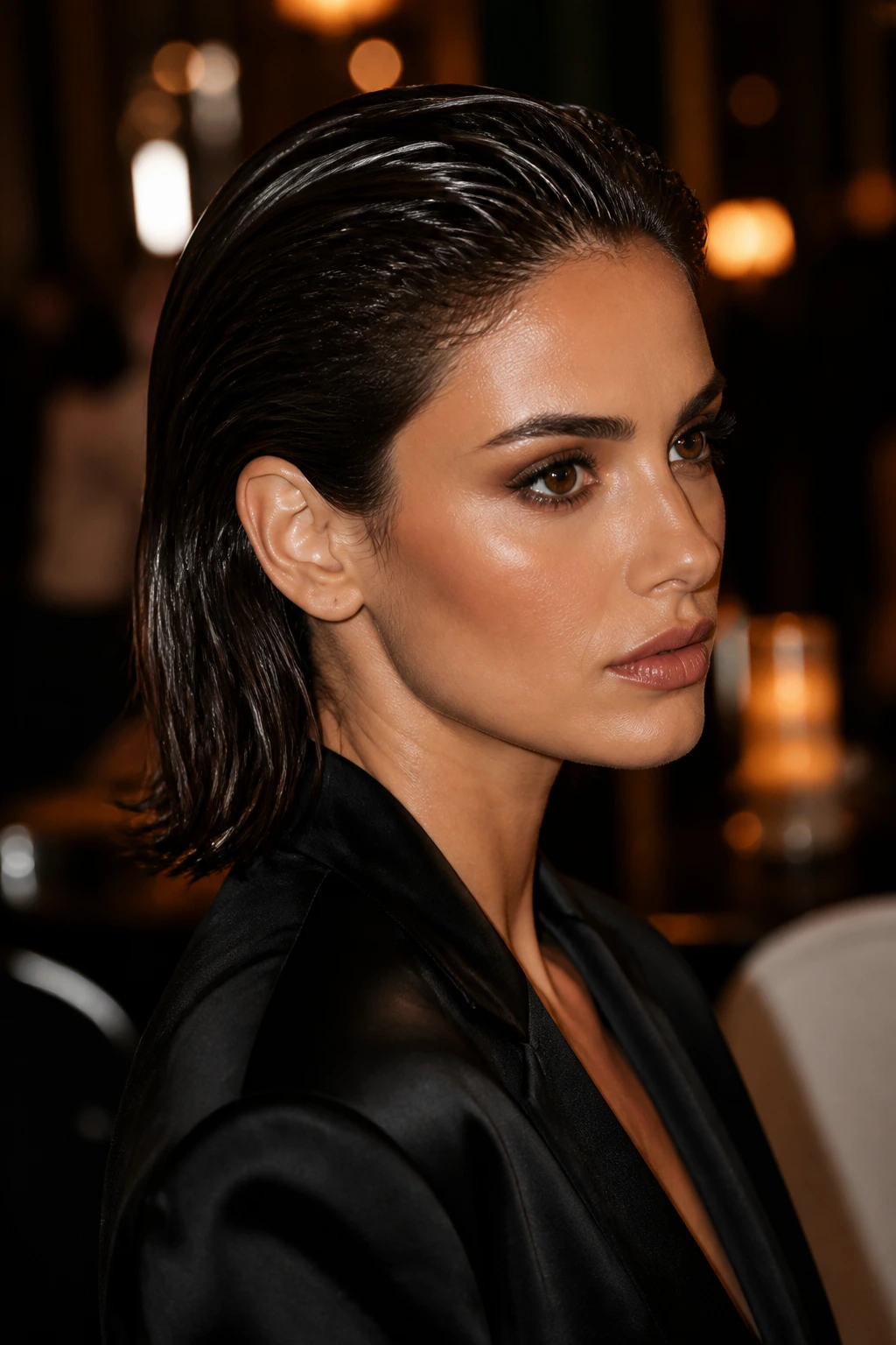 Portrait of a real person with wet-look espresso hair slicked back