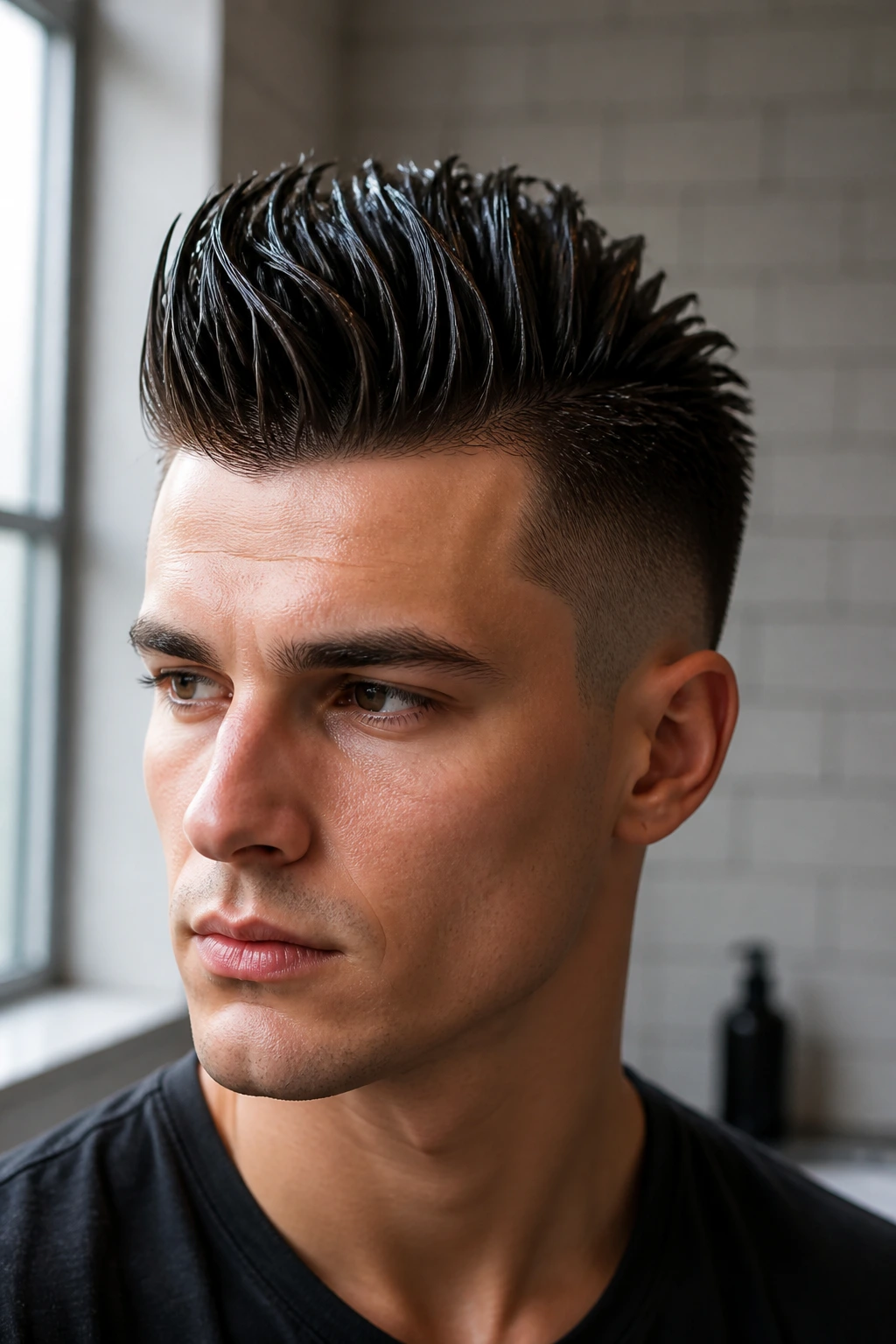 Close-up portrait of a real person with a glossy wet-look fohawk in a modern bathroom with natural light