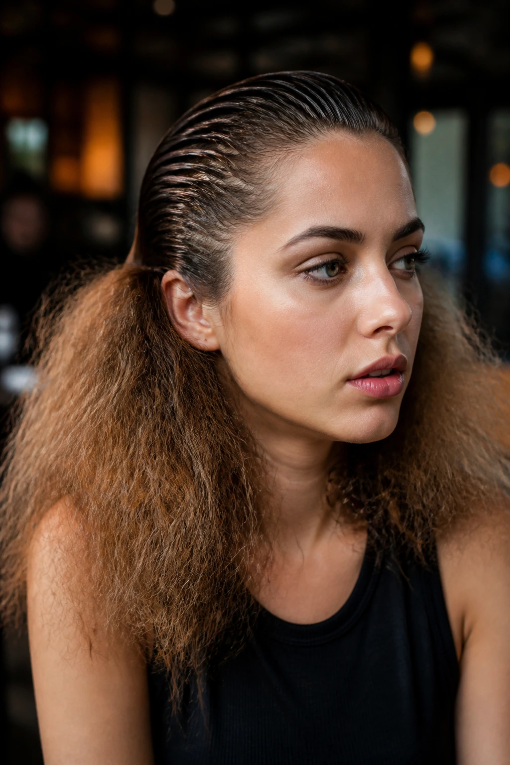 Close-up of a real person with a half-wet crown and frizzy lower hair