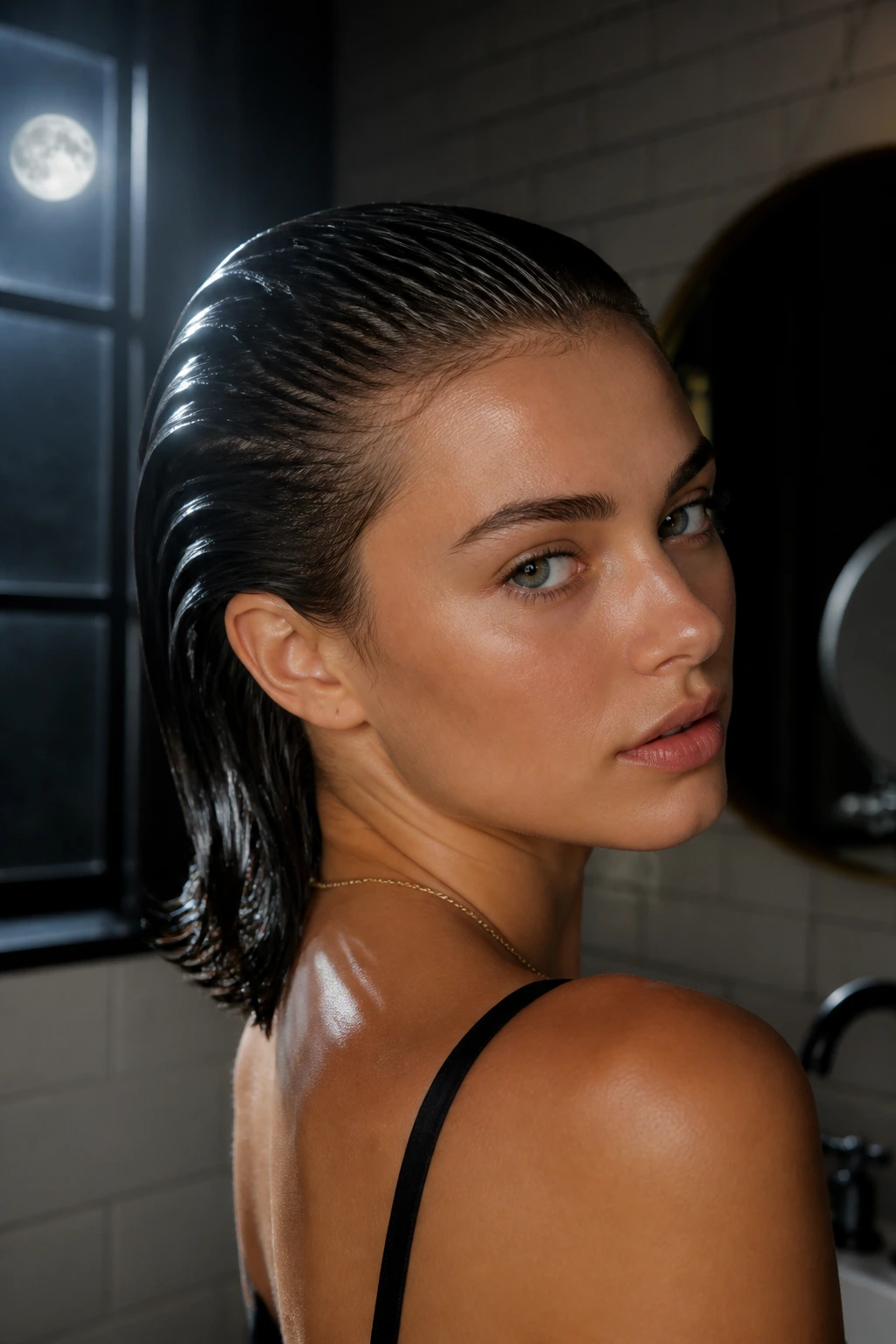 Close-up of a real person with glossy, damp-looking hair brushed back