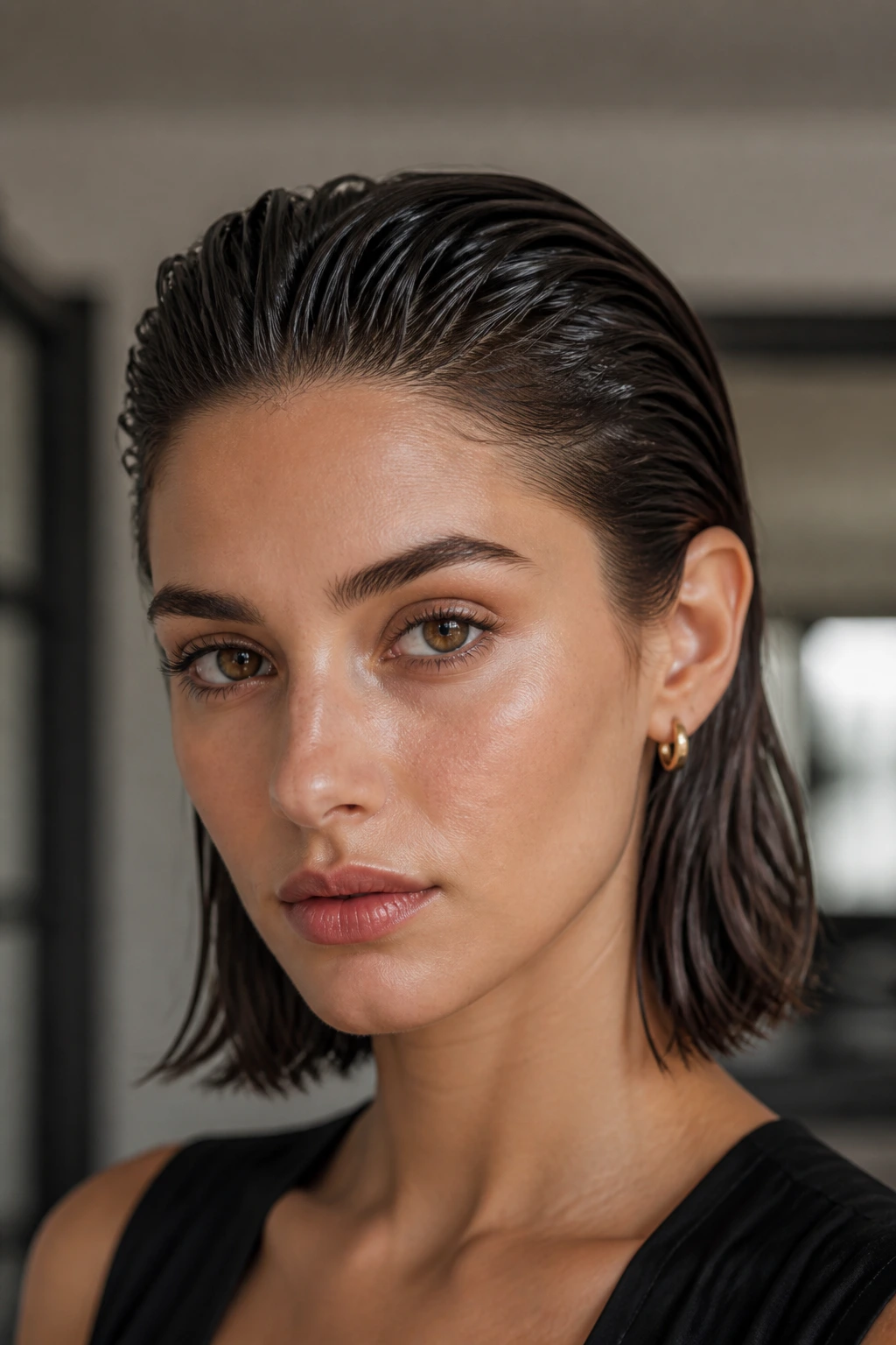 Close-up of a woman with slicked-back wet-look lob, glossy finish and pulled-back hair