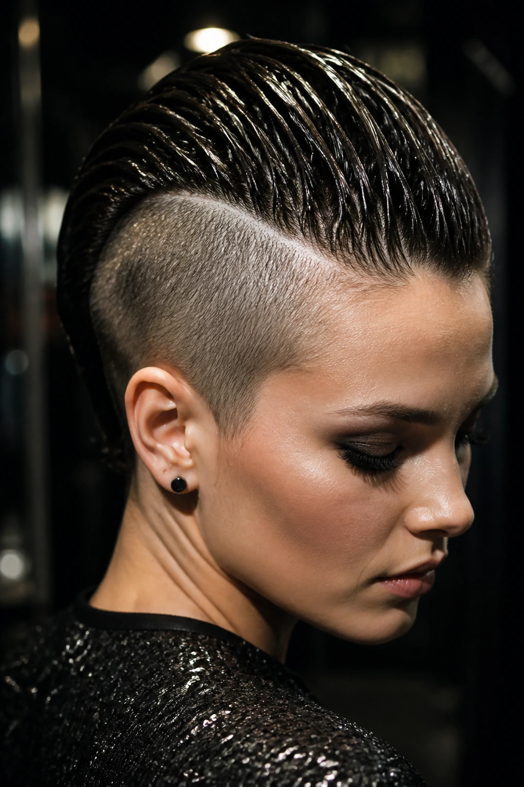 Portrait of person with wet-look mohawk in moody urban setting.
