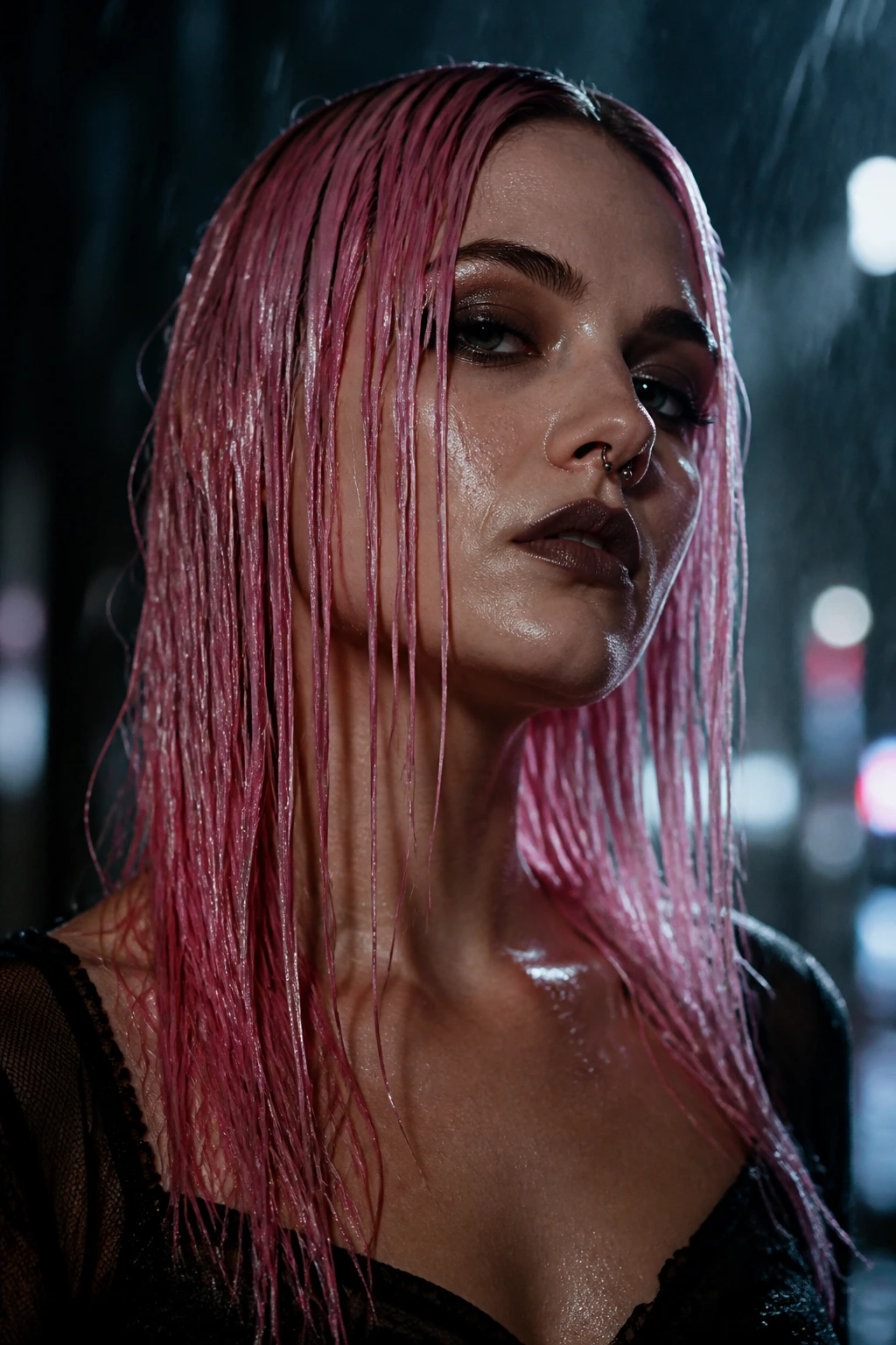 Wet-look pink hair close-up on real person