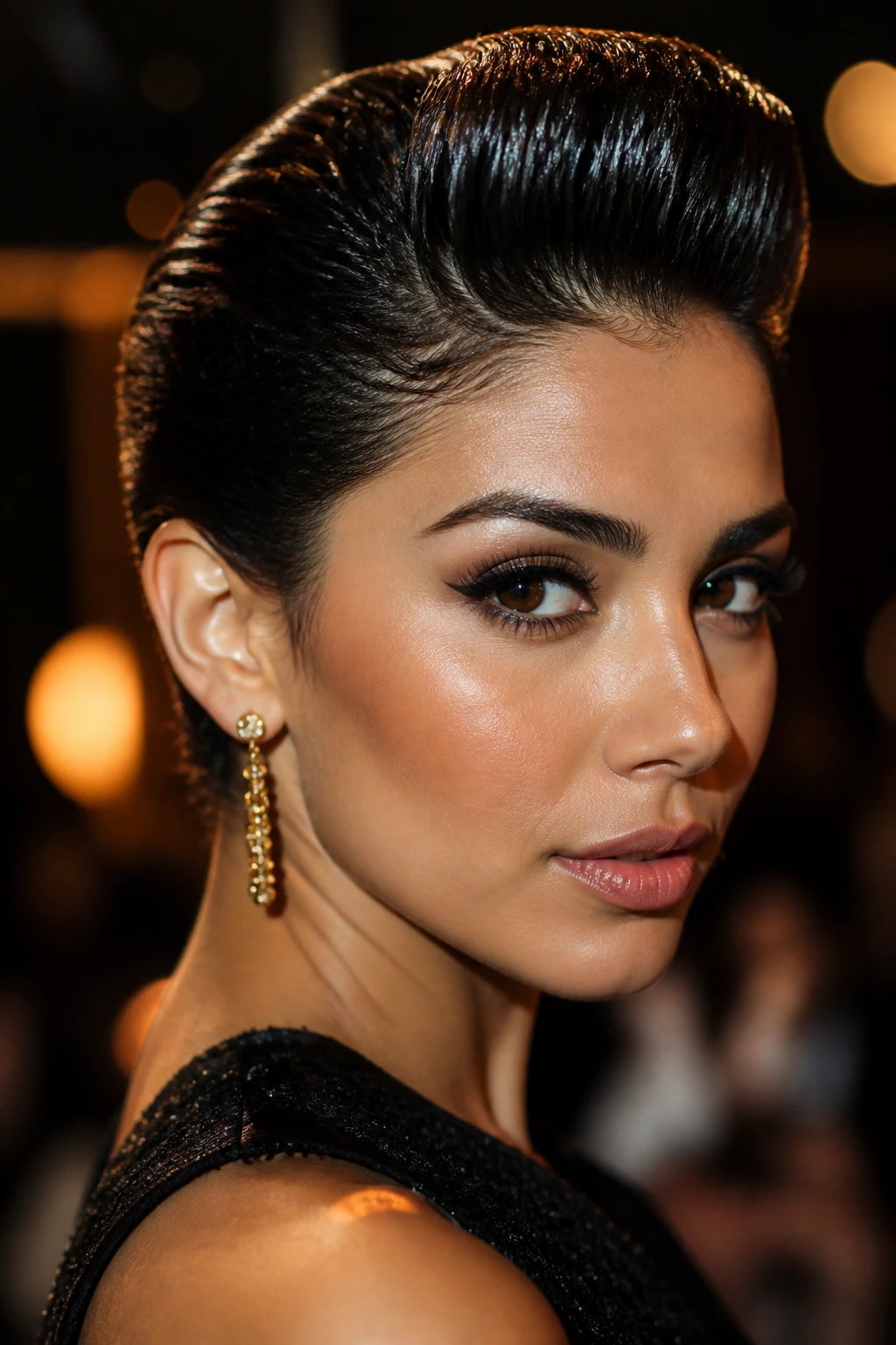 Close-up of a real person with a wet-look quiff, glossy gelled hairstyle.