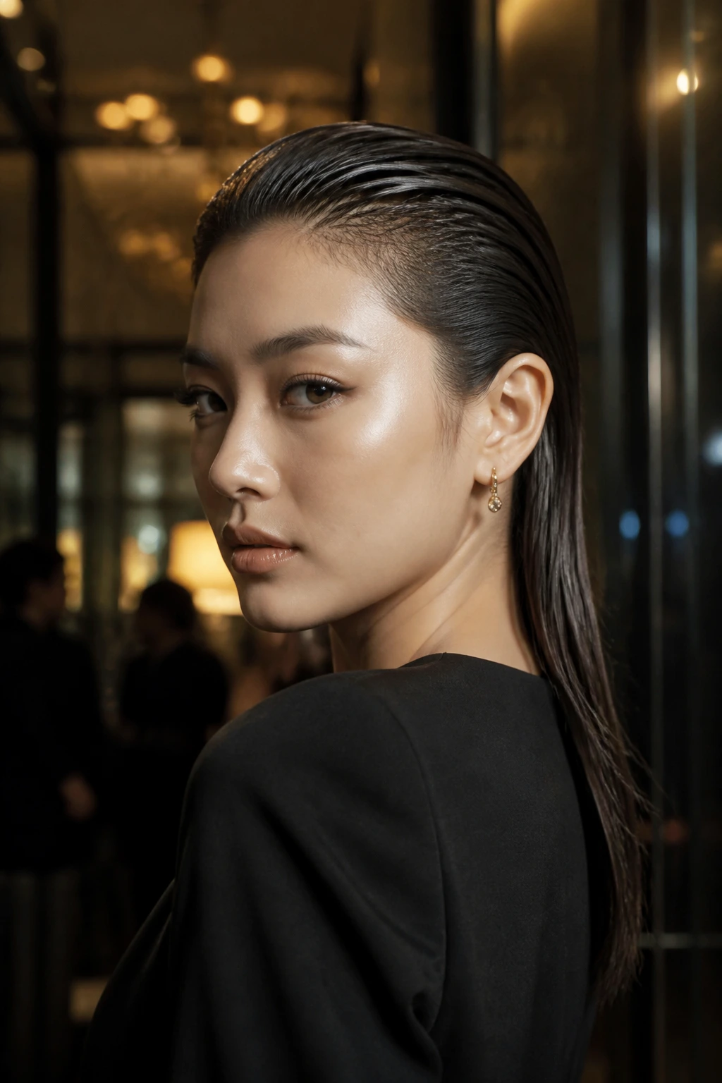 Close-up portrait of a real person with a wet-look sleek back hairstyle