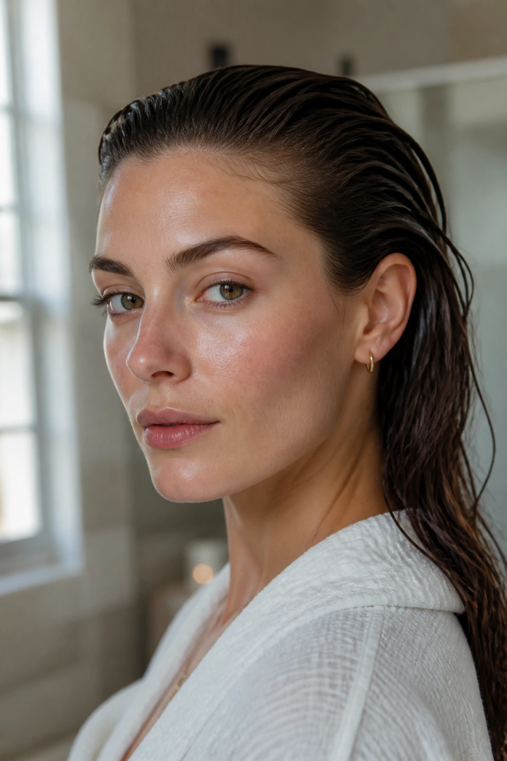 Close-up portrait of the wet-look slick-back hairstyle on a real person