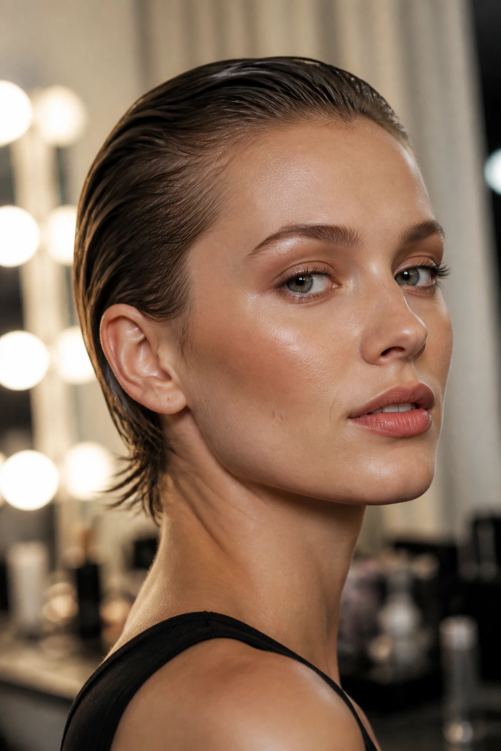 Close-up of a real woman's glossy wet-look hairstyle