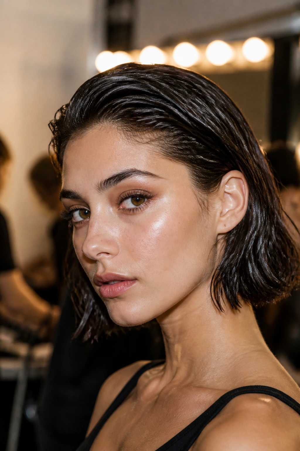 Portrait of a woman with a sleek wet-look textured bob.