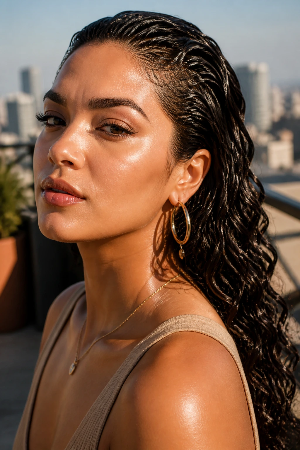 Close-up of a real woman with glossy wet-look waves slicked back from the forehead.