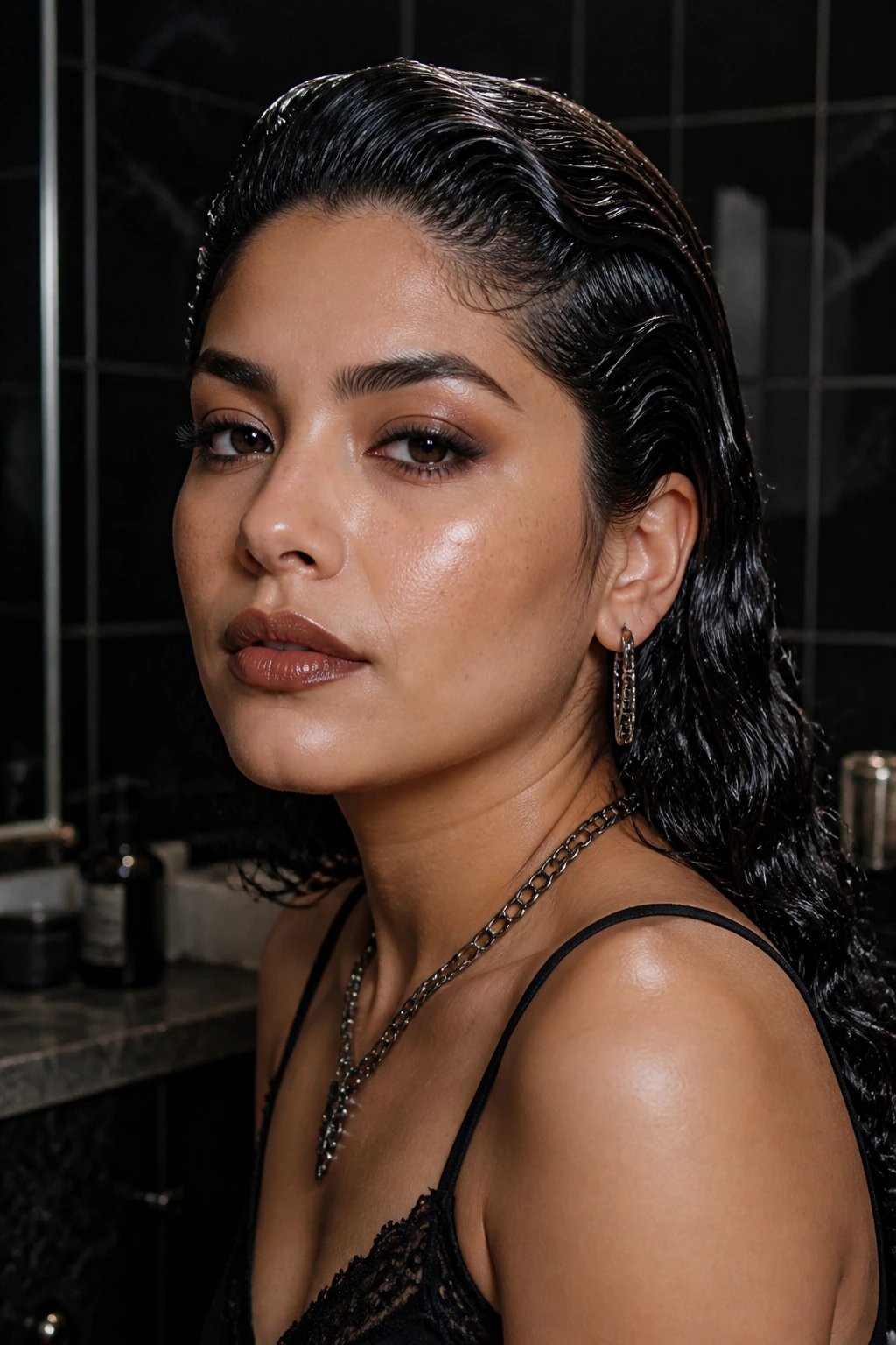 Latina woman with wet-look slicked back waves in a moody bathroom