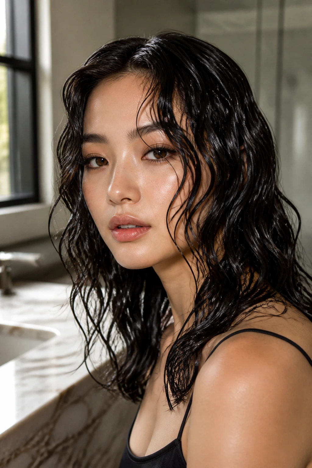 Real woman with glossy wet-look waves in a modern bathroom
