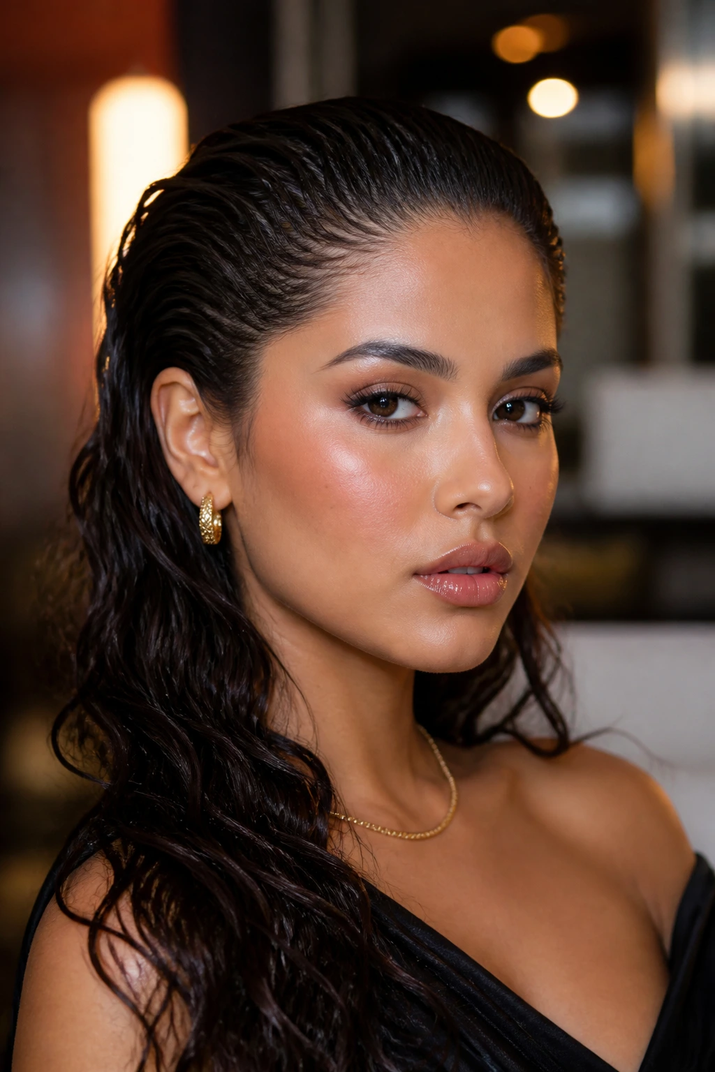 Close-up of a Latina woman with a wet-look slicked-back wave