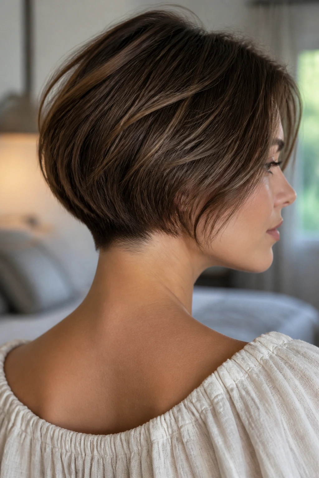 Close-up of a real woman with a bob featuring a wide-nape taper, soft light