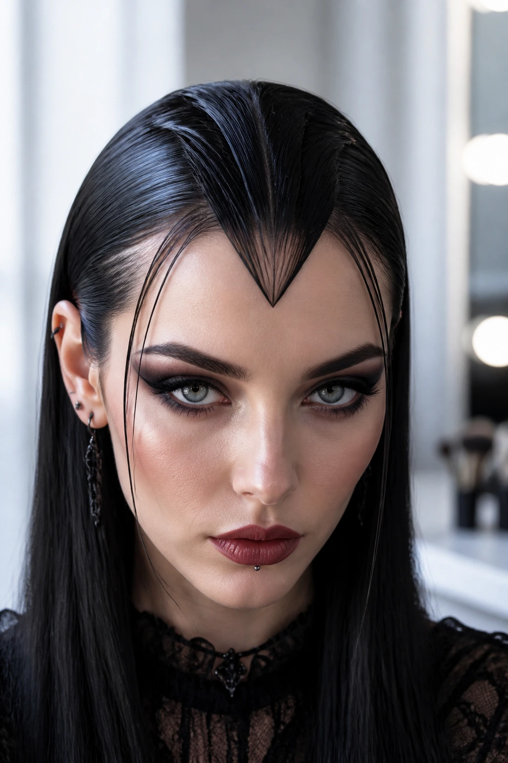 Close-up of a real woman showing a deconstructed widow’s peak with sleek hair behind ears.