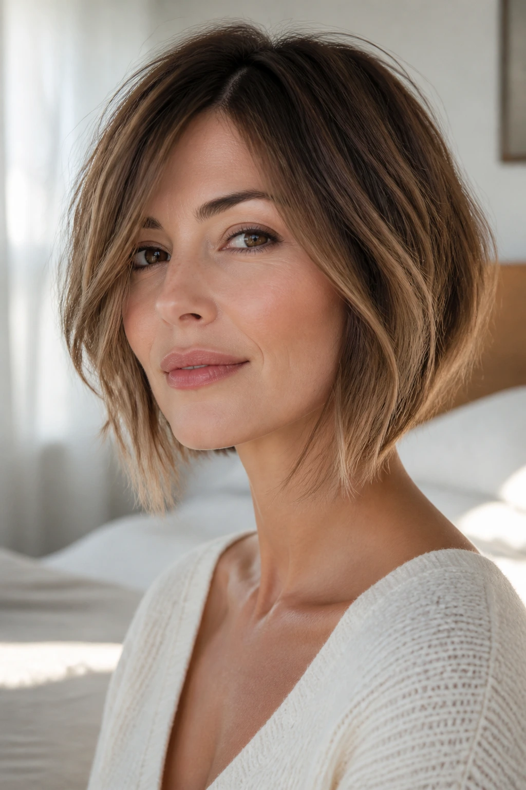 Close-up of a real woman with wispy-layered A-line bob in warm window light