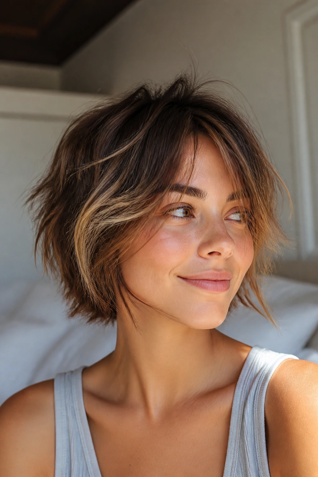 Close-up of a real woman with wispy, airy haircut and light layers.