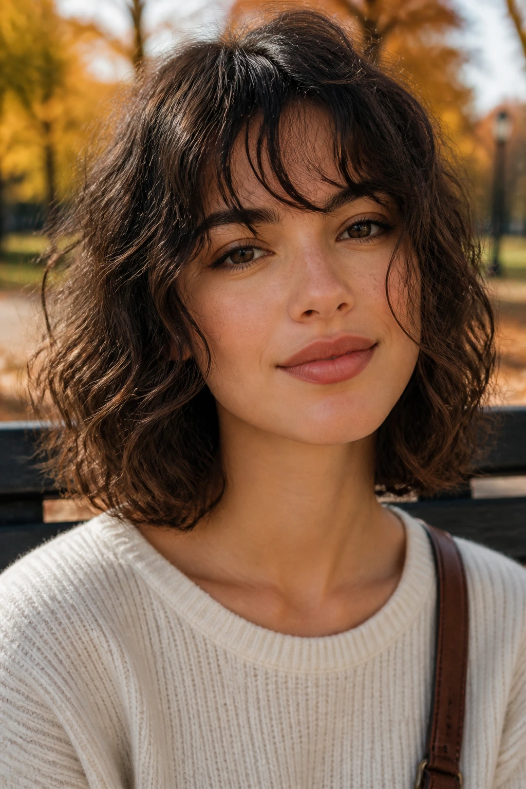Close-up of a woman with a wispy-bang long bob outdoors
