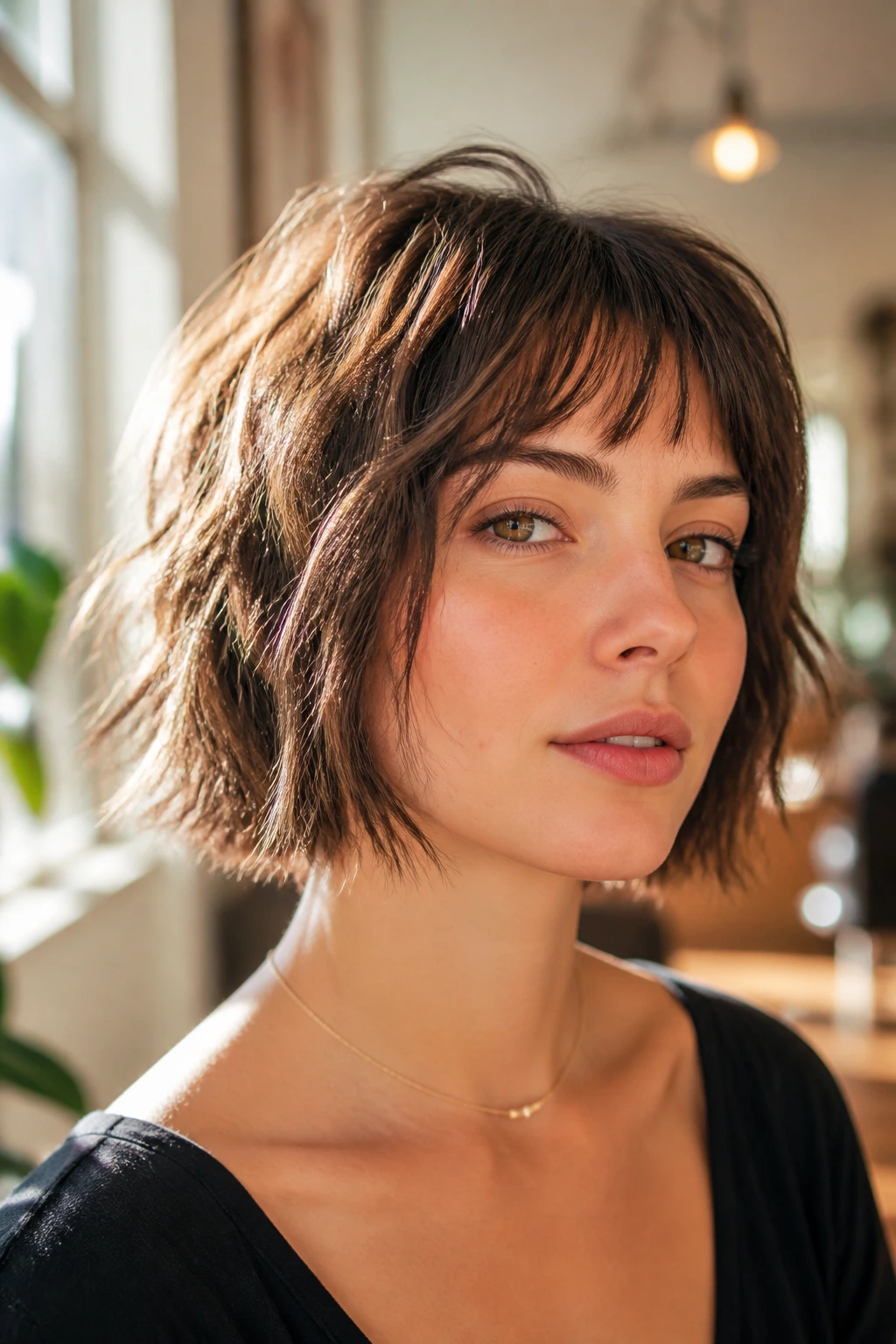 Portrait of a woman with wispy bangs and a chin-length choppy bob
