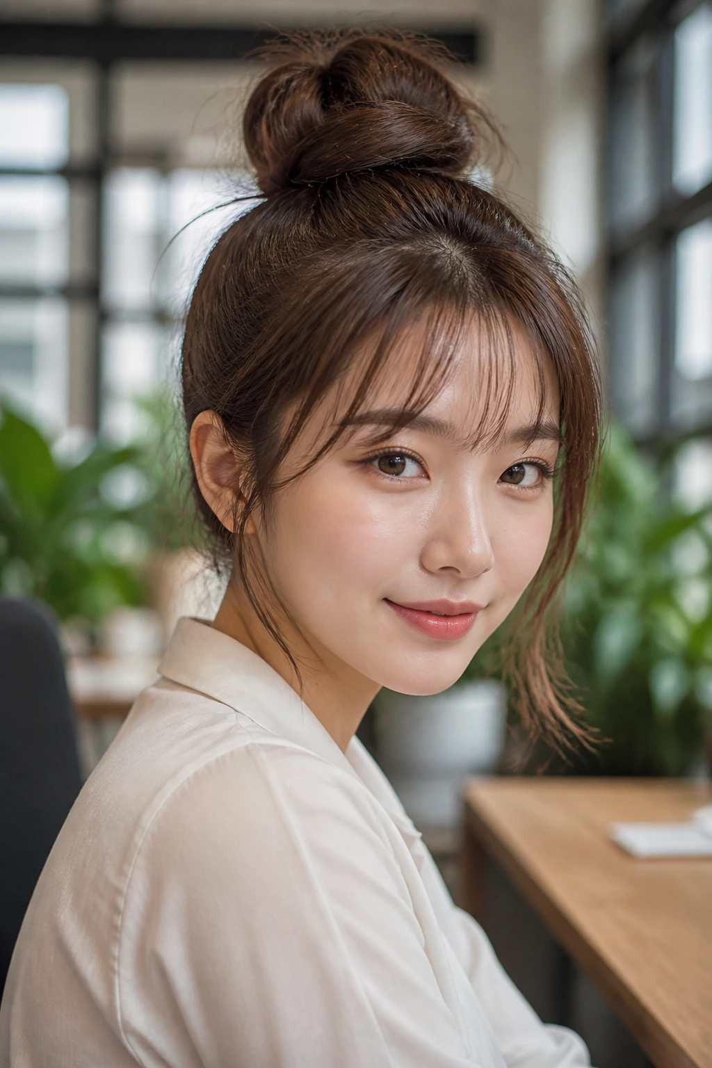 Close-up portrait of a real person with wispy bangs and a high bun