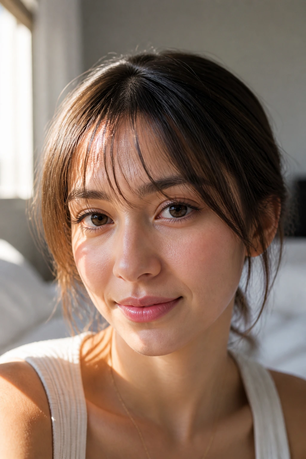 Close-up portrait of a real woman with wispy see-through bangs