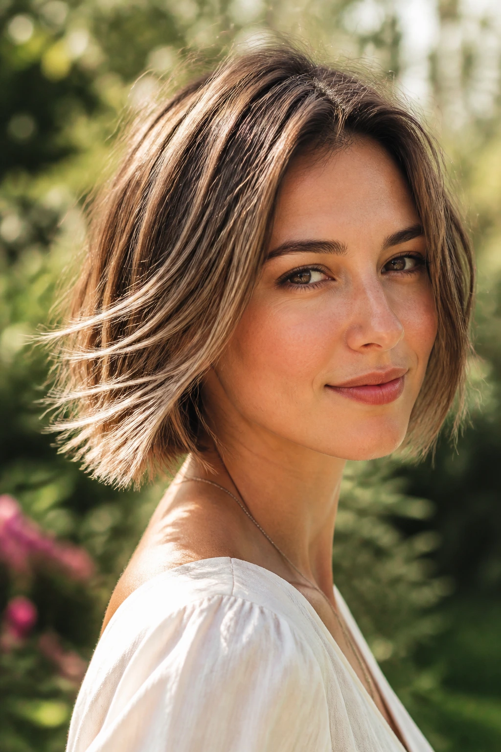 Close-up portrait of a real woman with wispy-end A-line in sunlit garden