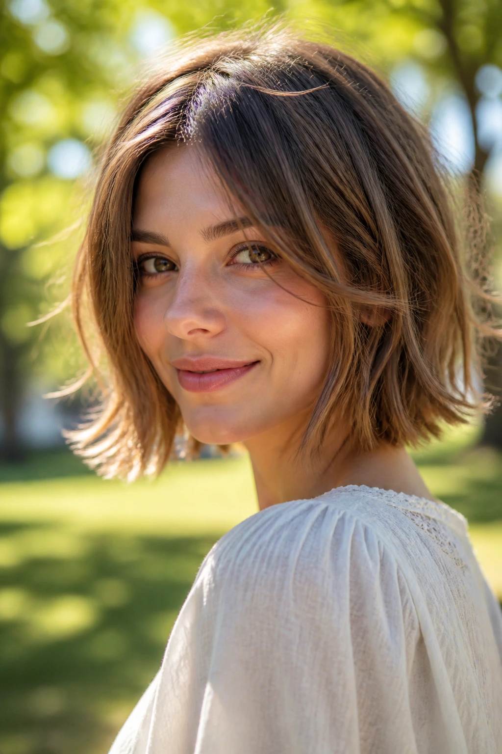 Real woman with wispy-ended bob in sunlit park