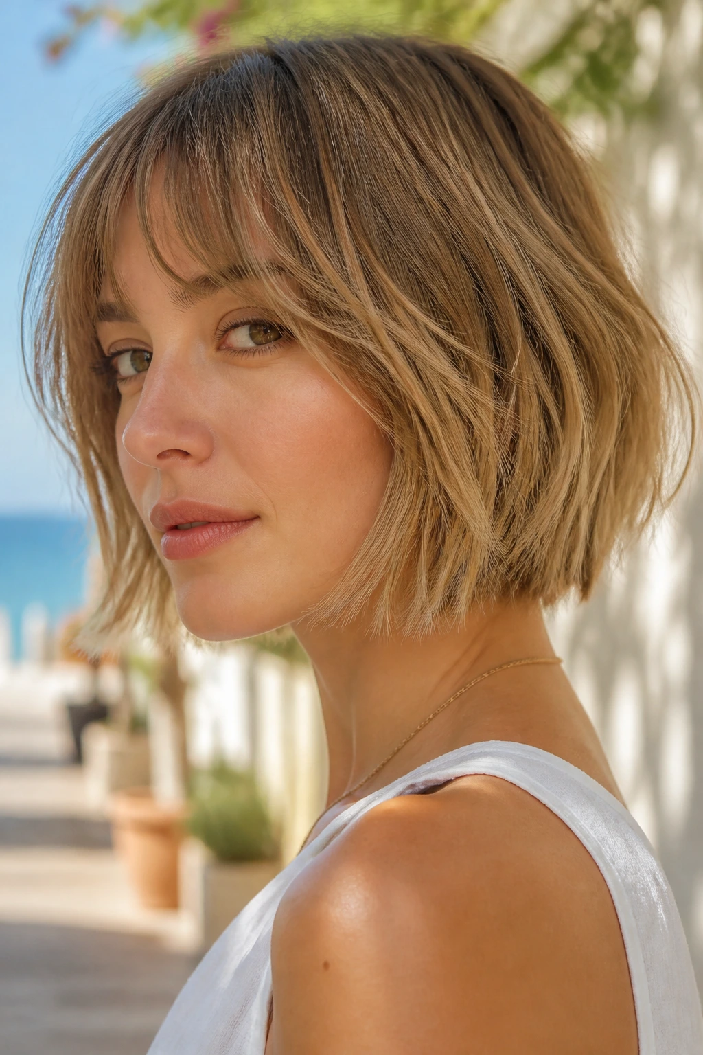 Close-up of a real person with wispy, feathered ends on a bob in sunlight