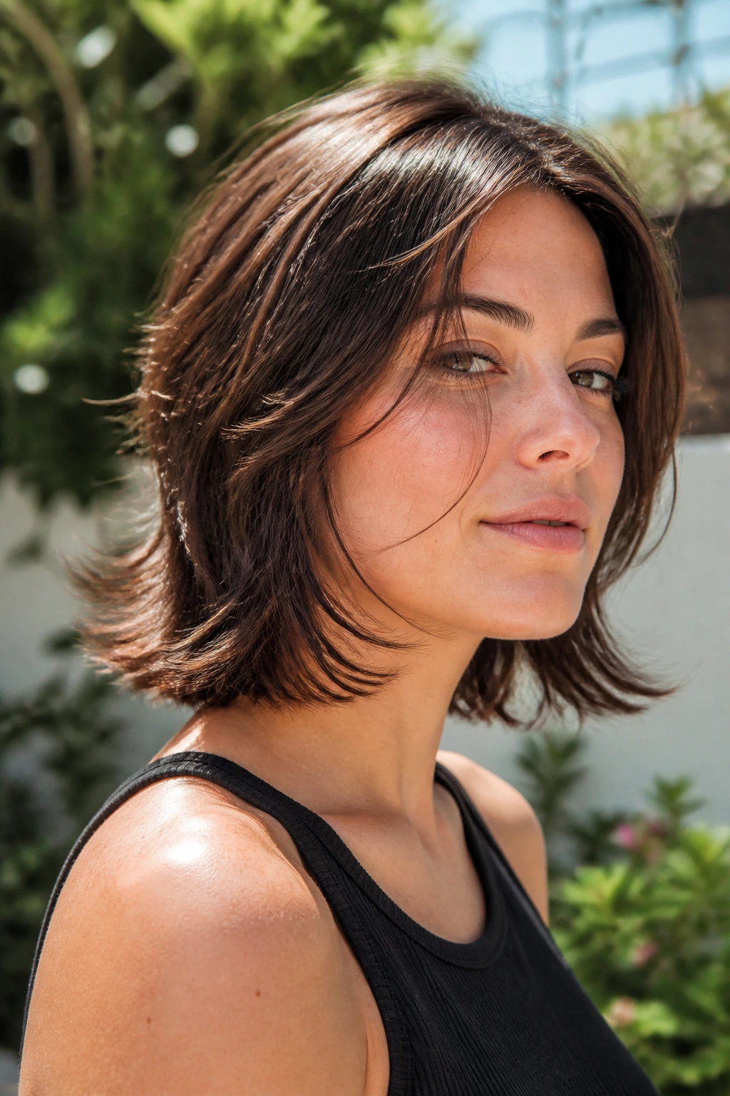 Close-up of a real woman with wispy-end graduated cut in sunny garden light