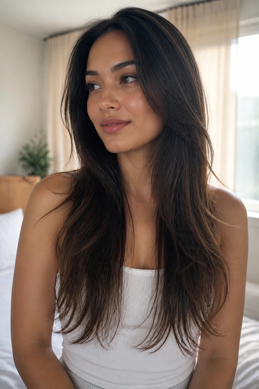Portrait of a woman with wispy, feathered ends on long hair.