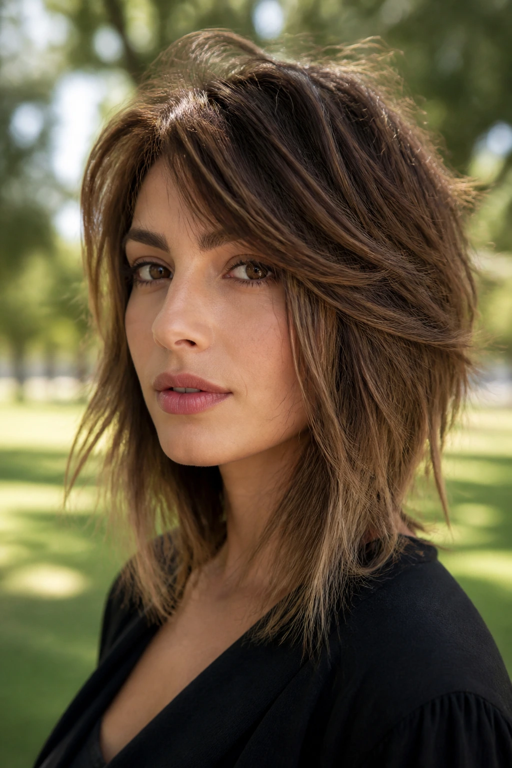 Real woman with heavy top layers and wispy bottom ends in a bob.