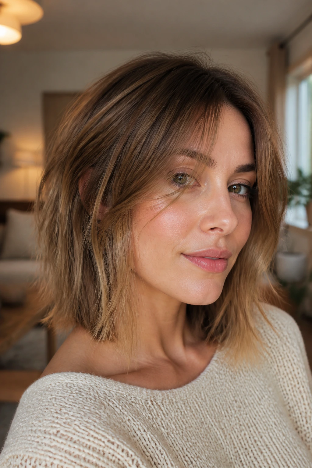 Portrait of a real woman with wispy face-framing lob in soft daylight