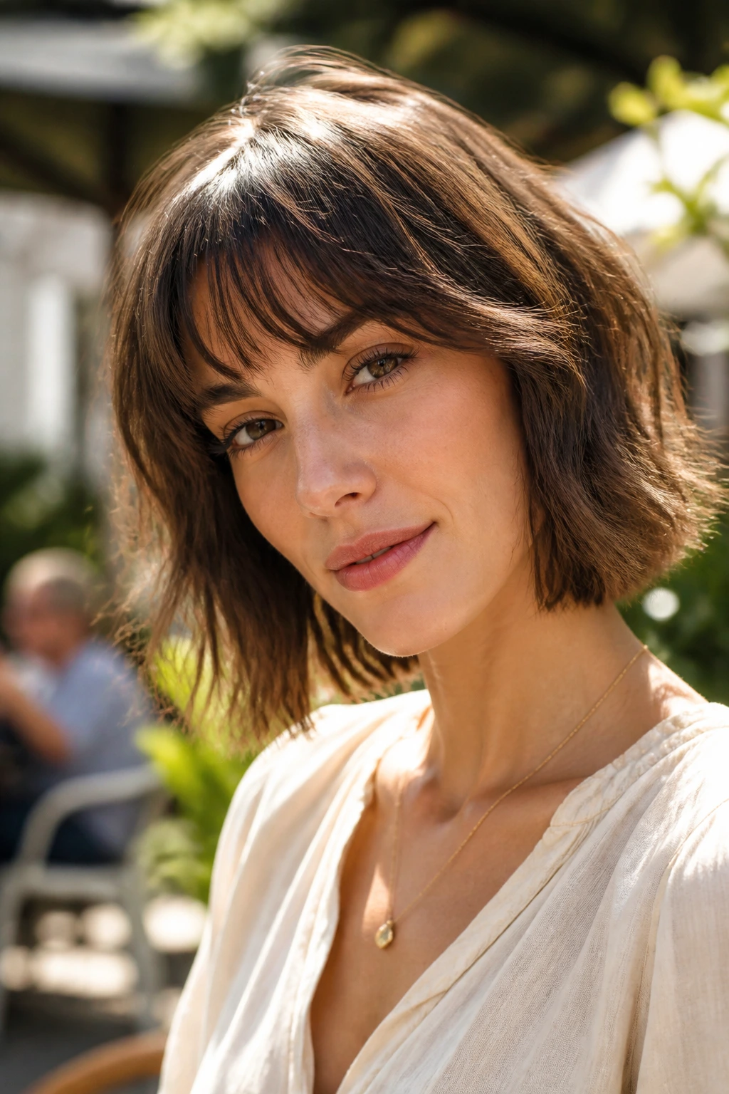 Close-up of a real woman with wispy fringed bob in natural outdoor light