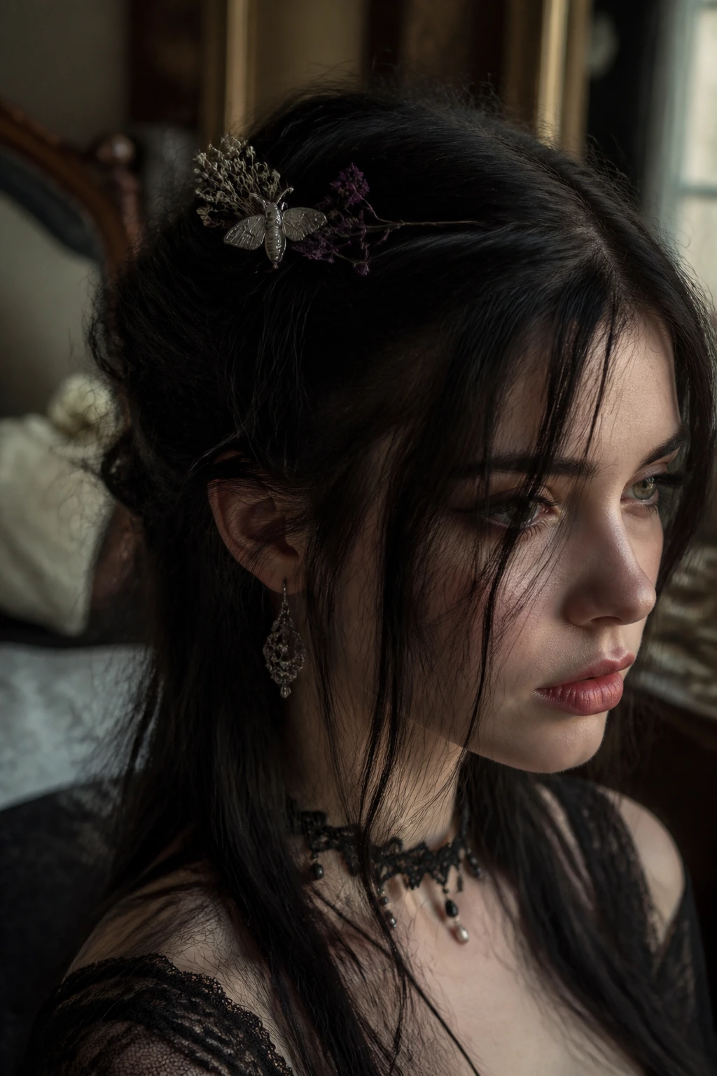 Close-up of a real woman with wispy half-up hair and pressed flowers in a silver moth barrette in a gothic bedroom
