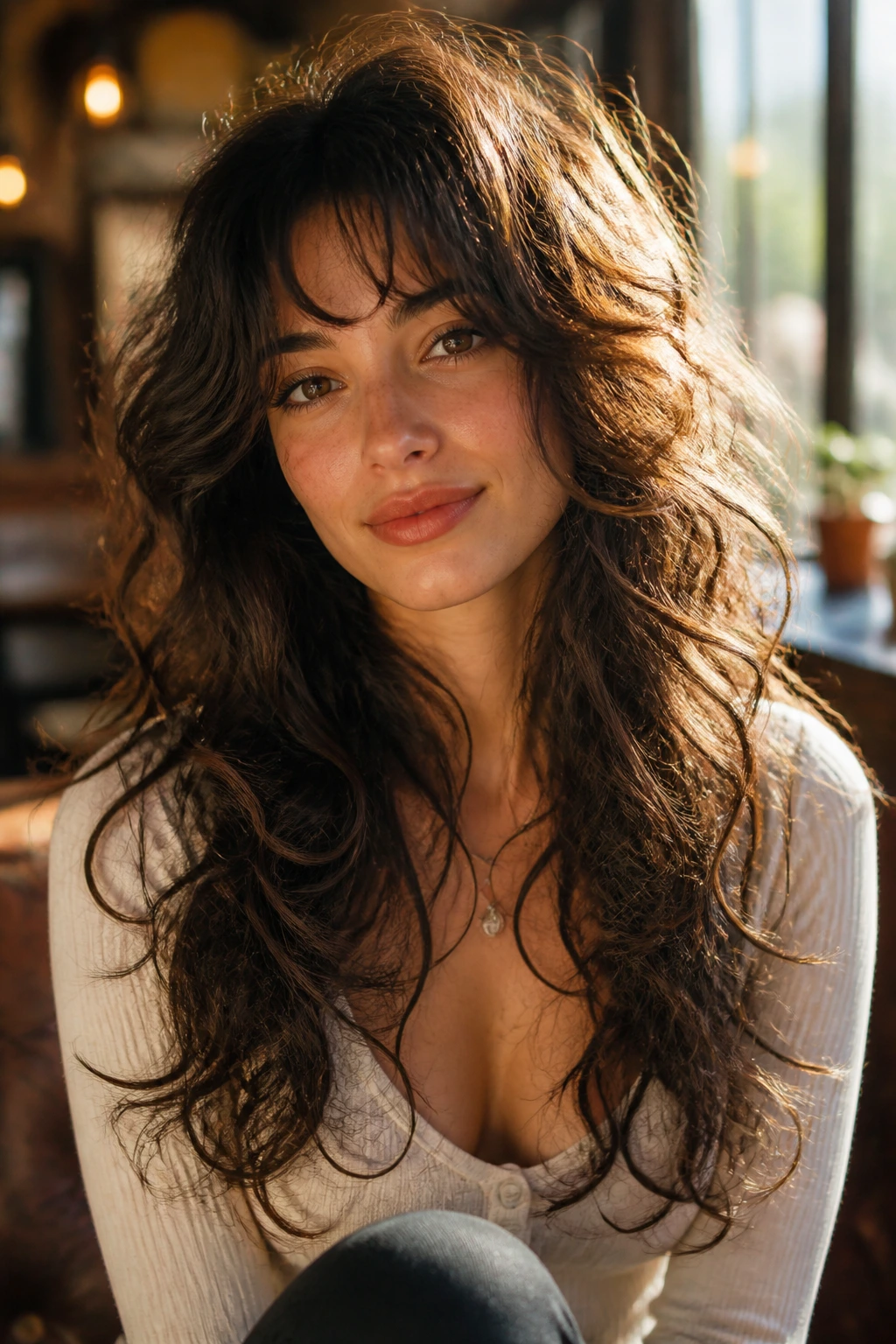 Close-up of a real woman with wispy layered long curly hair in warm light