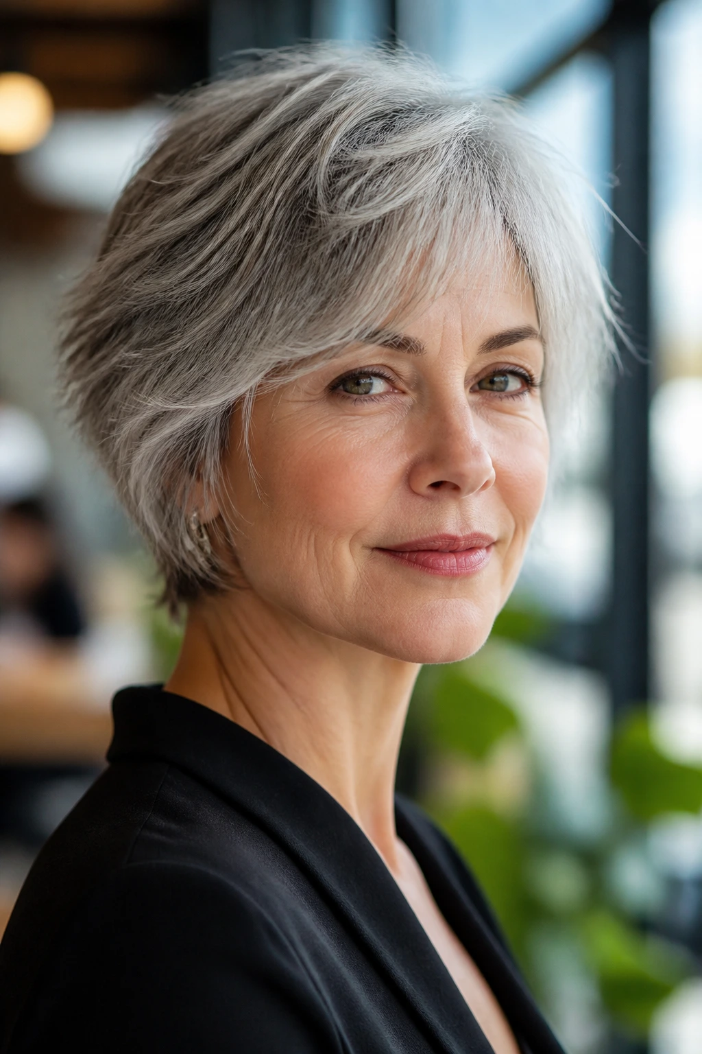 Close-up of a woman with a silver-grey wispy layered cut in a coworking space.